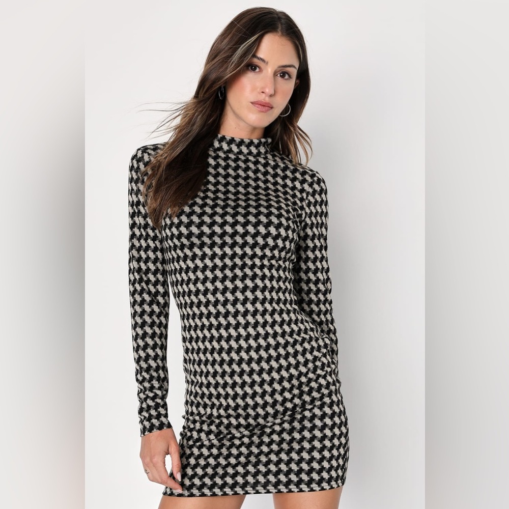 Lulus Cool Girl Status Black Print Mock Neck Long Sleeve Mini Dress